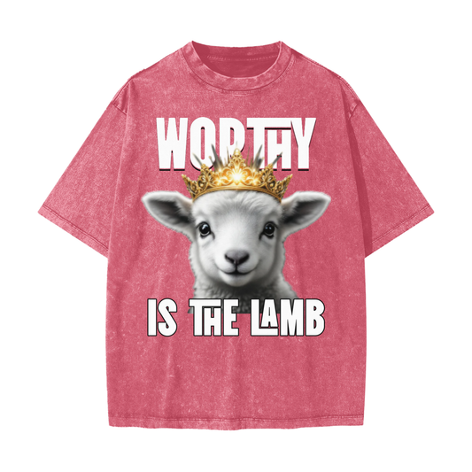 Cherry Color Worthy Is The Lamb | Heavyweight Vintage Snow Washed Unisex T-Shirt | Christian Apparel