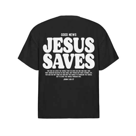 White on Black | Jesus Saves | Premium Unisex Oversized Streetwear T-Shirt | Christian Apparel