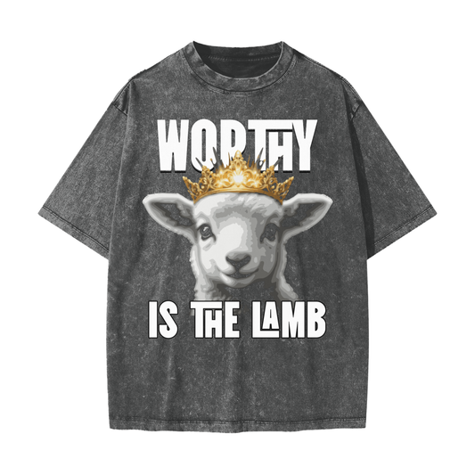 Dark Gray Color | Worthy Is The Lamb | Heavyweight Vintage Snow Washed Unisex T-Shirt | Christian Apparel