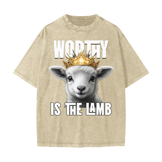 Khaki Color | Worthy Is The Lamb | Heavyweight Vintage Snow Washed Unisex T-Shirt | Christian Apparel
