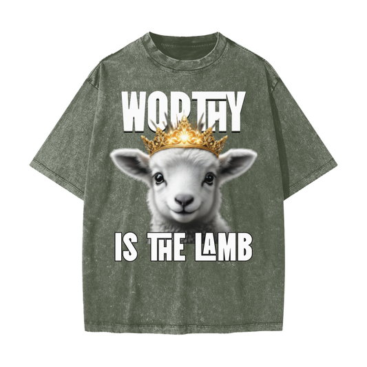 Olive Green Color | Worthy Is The Lamb | Heavyweight Vintage Snow Washed Unisex T-Shirt | Christian Apparel