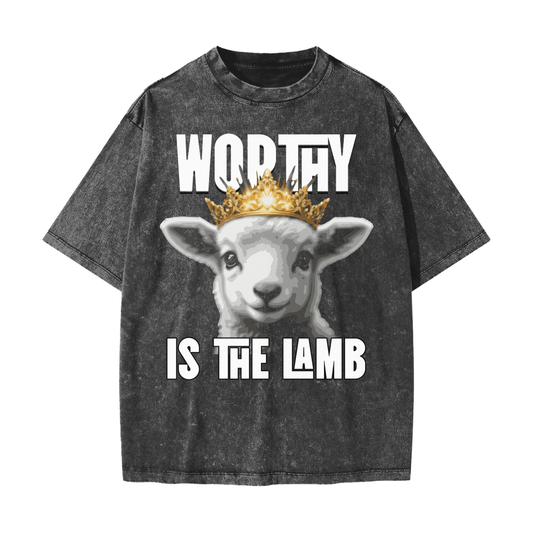 Batik Black Color | Worthy Is The Lamb | Heavyweight Vintage Snow Washed Unisex T-Shirt | Christian Apparel